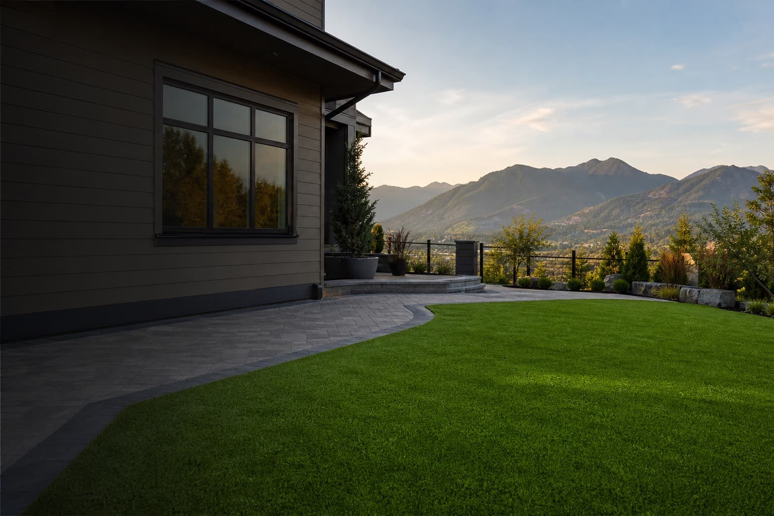 Freshly installed artificial turf lawn at a home in Abbotsford, BC with the Fraser Valley mountains behind it