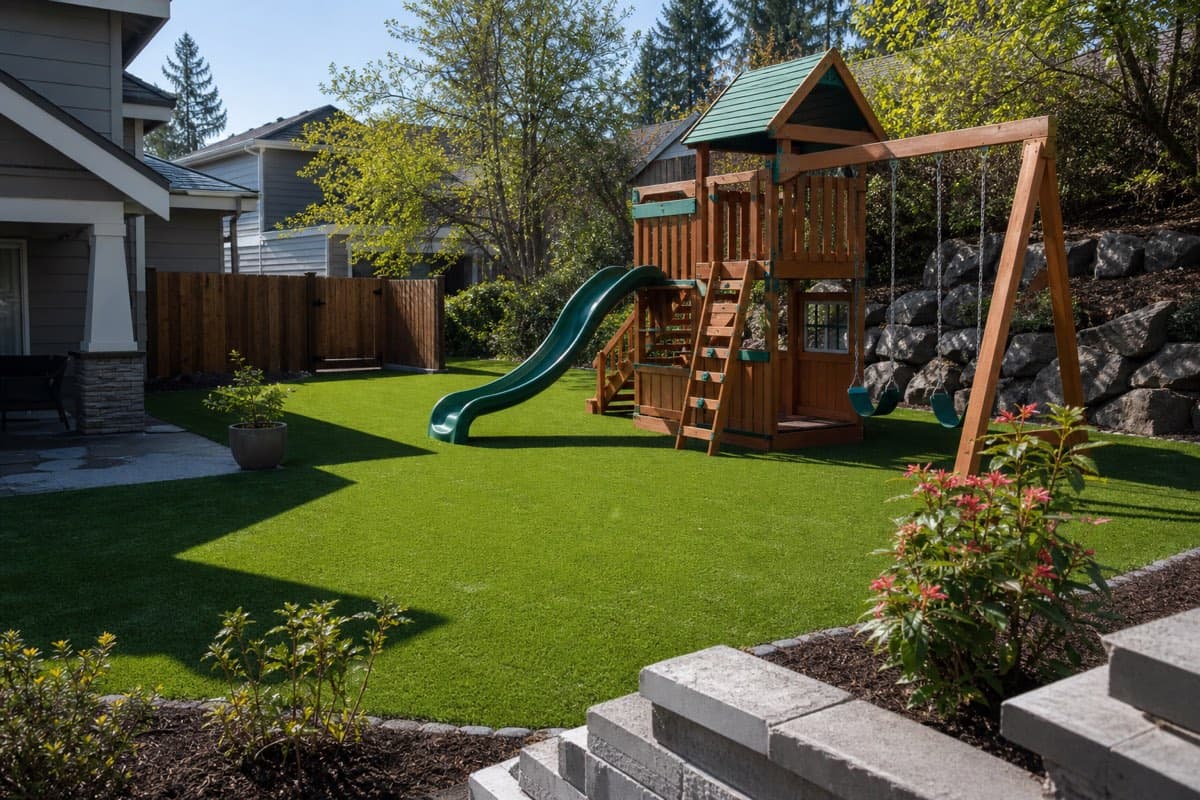 Children's backyard play area with soft artificial safety turf and a playset