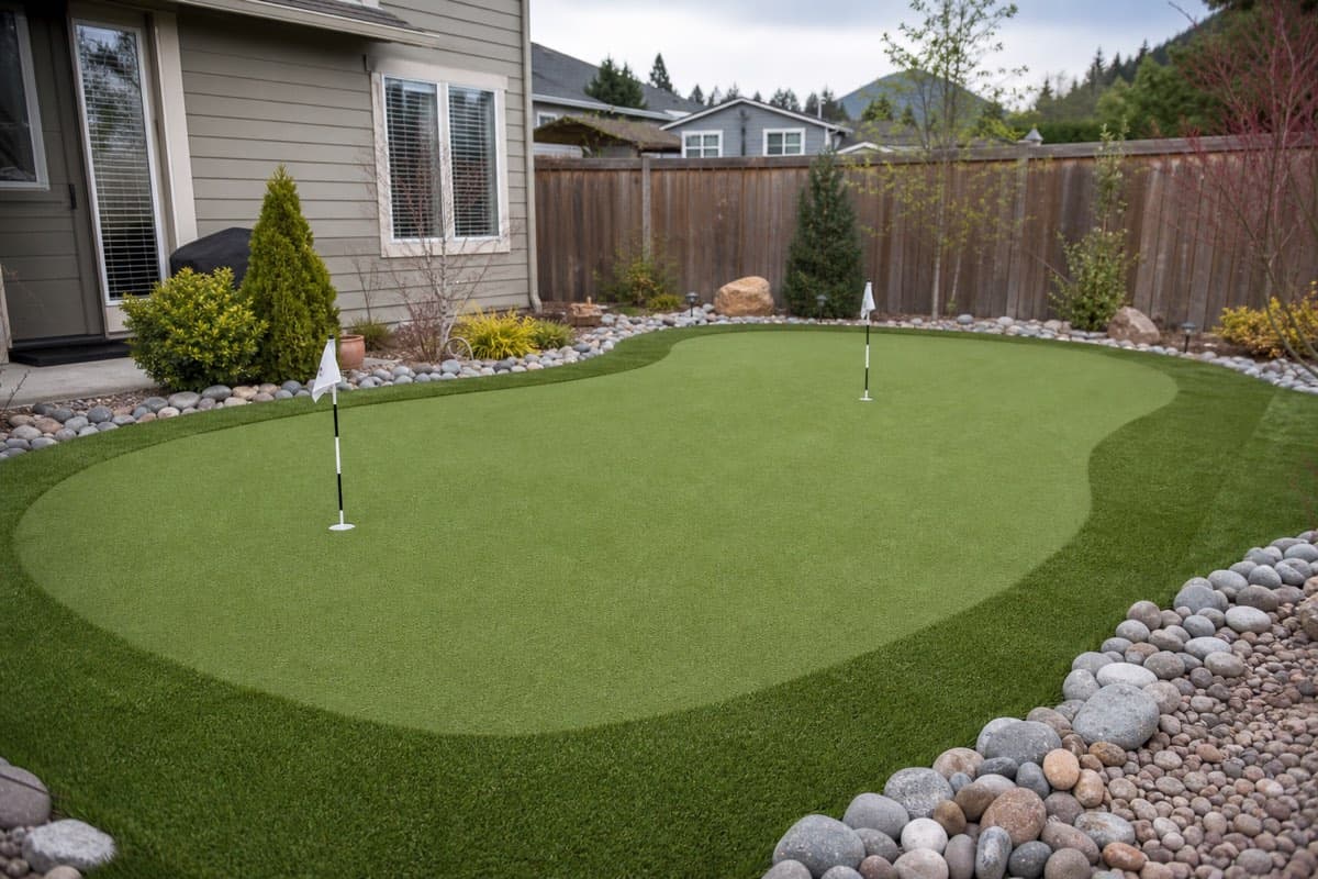 Backyard synthetic putting green with two holes installed in the Fraser Valley