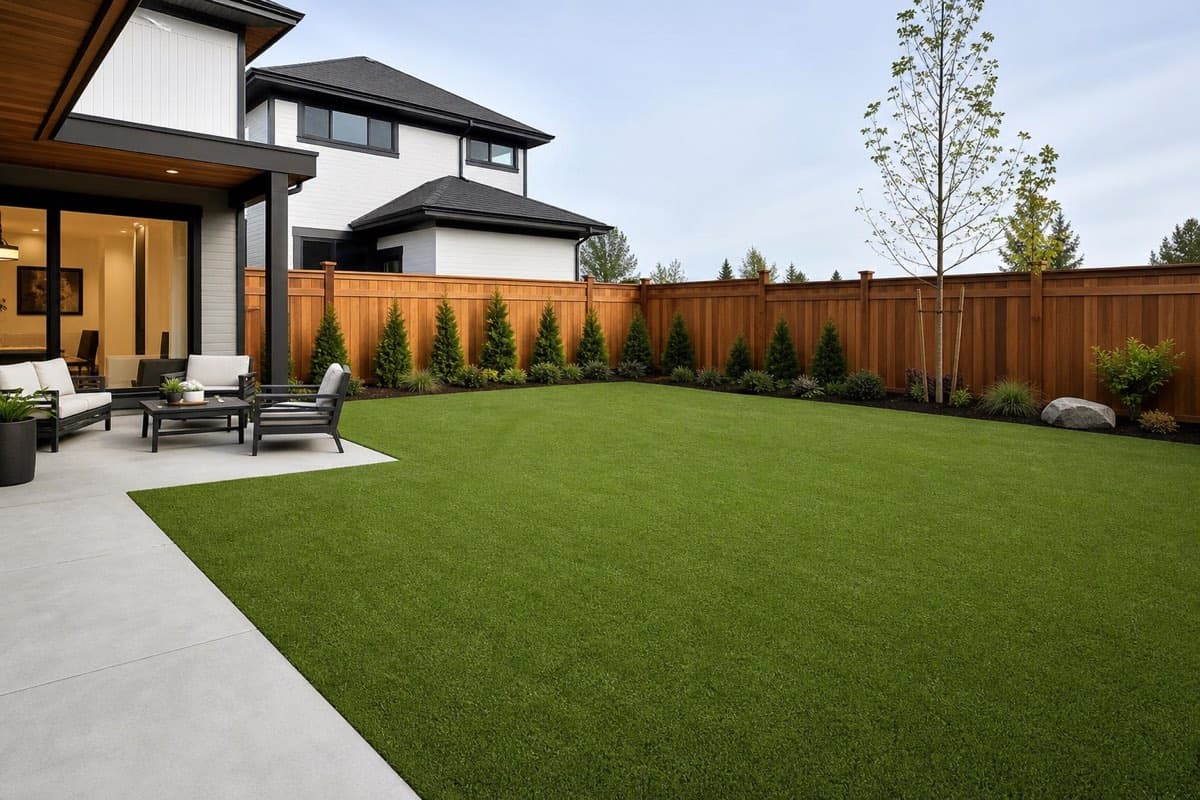 Completed artificial turf backyard lawn at a modern Abbotsford home