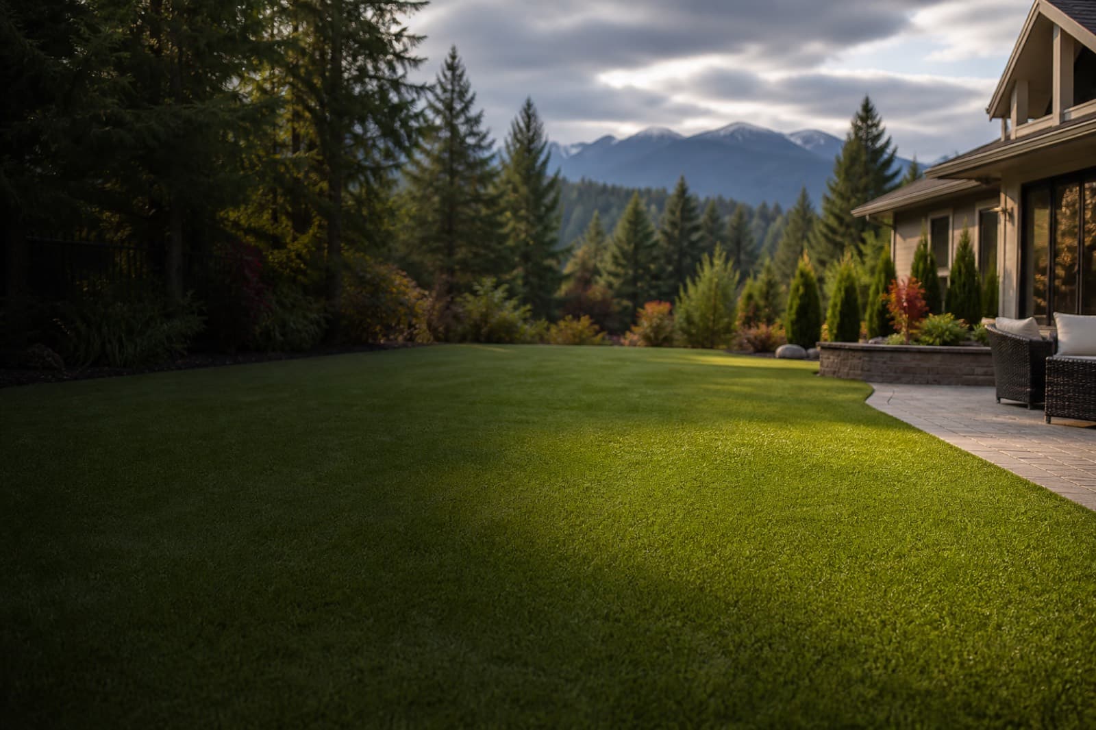 Freshly installed artificial turf lawn in an Abbotsford, BC backyard