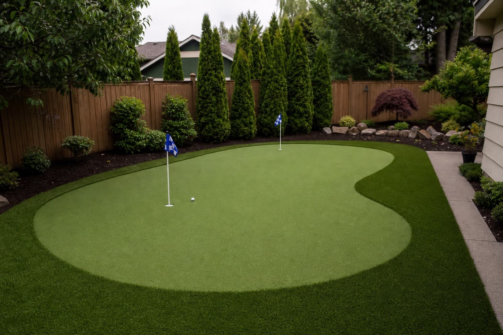 Custom backyard putting green in an Abbotsford yard