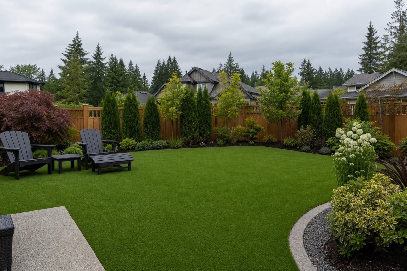 Residential artificial turf lawn installed in an Abbotsford, BC backyard